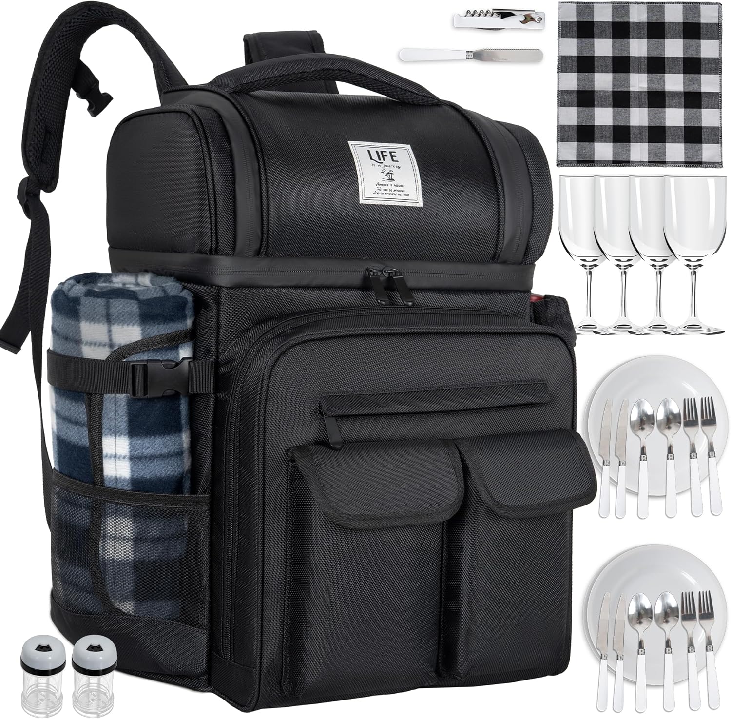 Picnic Backpack for 4 Person with 2 Insulated Leakproof Cooler Compartment, 4 Cutlery Sets, Wine Holder, Fleece Blanket, Perfect for Beach, Camping, Hiking, Black
