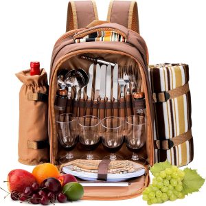 Picnic Basket Backpack for 4 Person, Bulky Leakproof Picnic Basket Bag with Cutlery Set, Goblet, Fleece Blanket and Napkins, Insulated Cooler Bag for Beach, Camping, Hiking, Travel and BBQs