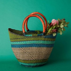 Picnic Basket - Blue Green | Beach Tote, Straw Bag, Summer Farmers Market, Garden Harvest Trug, Produce Storage, Foraging, Home Decor | Large, Handles, Woven, Wicker, Boho, African, Bolga, Ghana