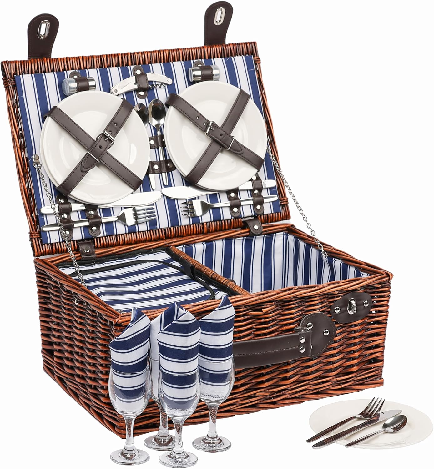 Picnic Basket Set Compact & Easy to Carry with Strong Leather Handle, Secure Latches, 4 Plates & Silverware, Spacious Interior for Napkins, Glassware & Picnic Essentials, Insulated Cooler