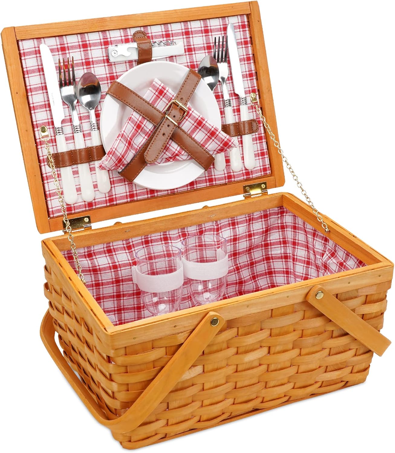 Picnic Basket Set for 2 Persons, Woven Woodchip Basket with Folding Handles & Lid, Red and White Gingham Lining Basket Set with Utensils Cutlery - Perfect for Picnic, Camping, Valentine Day, Outdoor