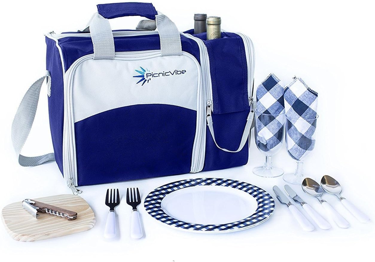 Picnic Basket Set for 2 – Insulated Cooler Bag with Wine Bottle Holder, Plates, Utensils, Glasses & Blanket – Portable Picnic Tote for Couples, Outdoor, Beach, Park, or Travel