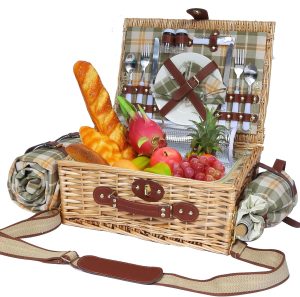 Picnic Basket for 2 with Waterproof Blanket and Wine Pouch, Insulated Wicker Picnic Basket Set, Large Willow Hamper for Outdoor, Beach, Camping, Couples, Wedding Gift, Green