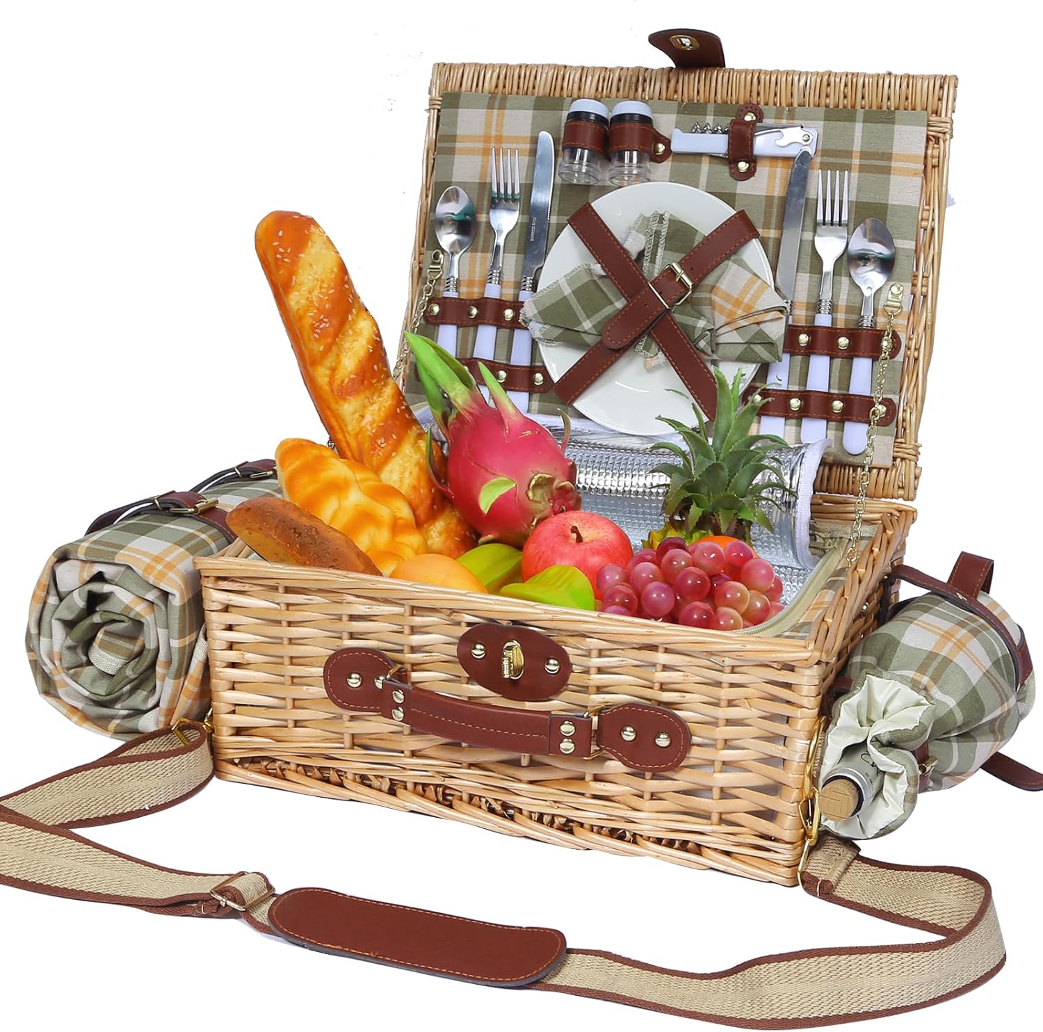 Picnic Basket for 2 with Waterproof Blanket and Wine Pouch, Insulated Wicker Picnic Basket Set, Large Willow Hamper for Outdoor, Beach, Camping, Couples, Wedding Gift, Green