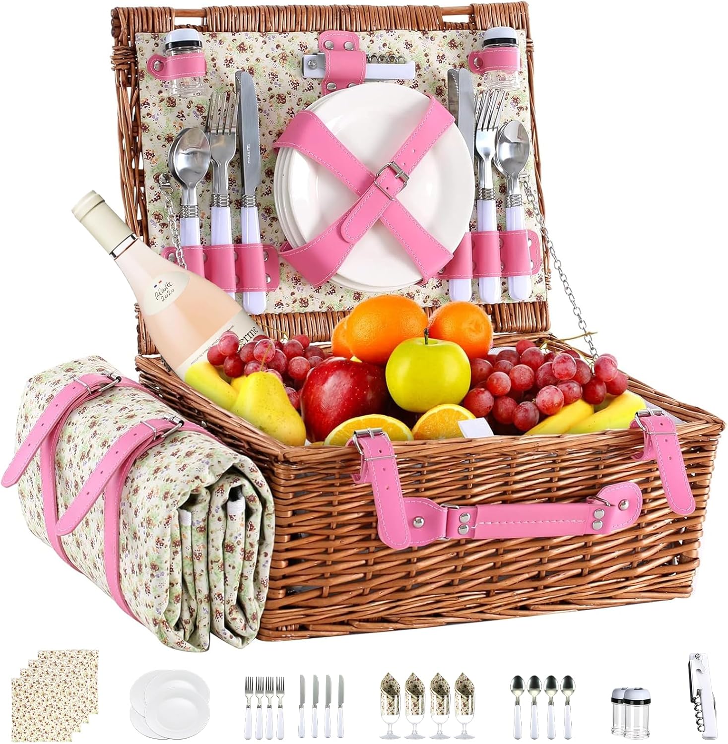 Picnic Basket for 4 Persons Willow Weaving Picnic Set with Cooler Insulation Bag and Waterproof Picnic mat Picnic Baskets for Camping,Wedding,Summer Beach, Outdoor,Birthday Gifts