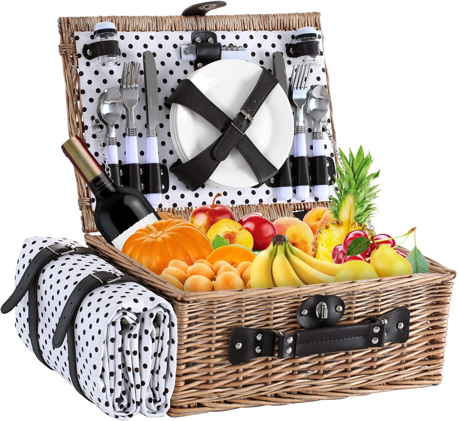 Picnic Basket for 4 Persons with Waterproof Picnic Blanket and Insulated Cooler, Large Wicker Picnic Basket for Camping, Outdoors, Valentine's Day, Christmas, Birthday, Wedding Gift