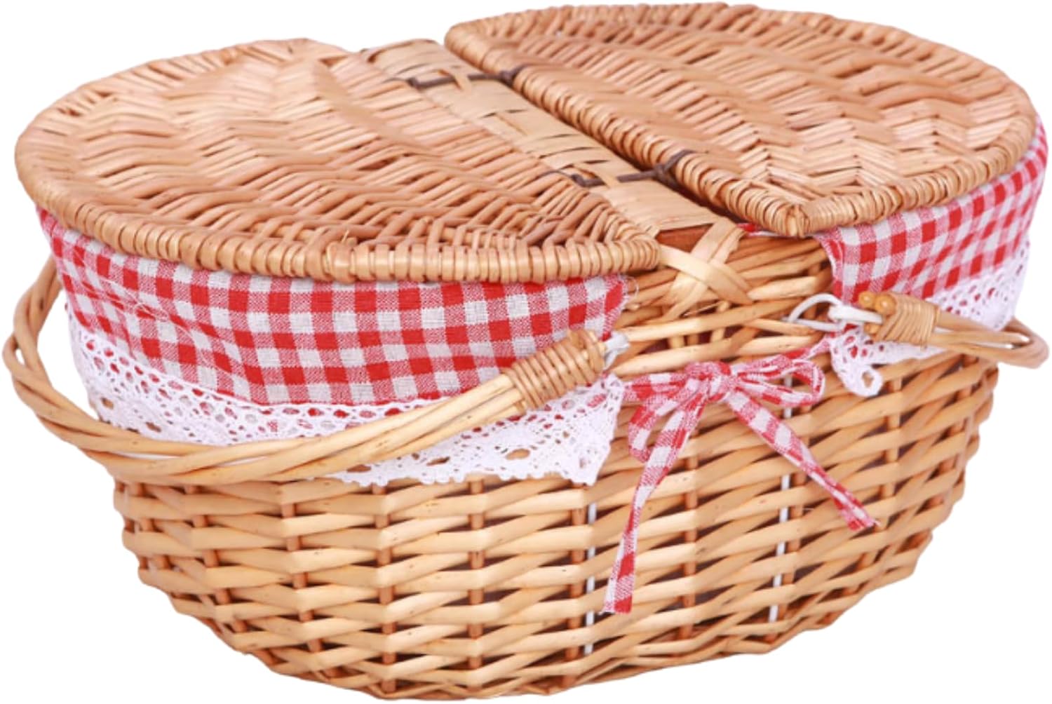 Picnic Basket with Liner - Wicker Picnic Baskets with Lid - Vintage Style Large Woven Basket with Double Folding Handles for Camping, Valentine Day, Thanks Giving（13.78" D x 9.84" W x 6.69" H）