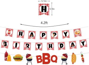 Picnic Birthday Party Decorations Set, BBQ Baby Shower Decor, Red Checked Happy Birthday Banner, BBQ Themed Cupcake Toppers and Balloons