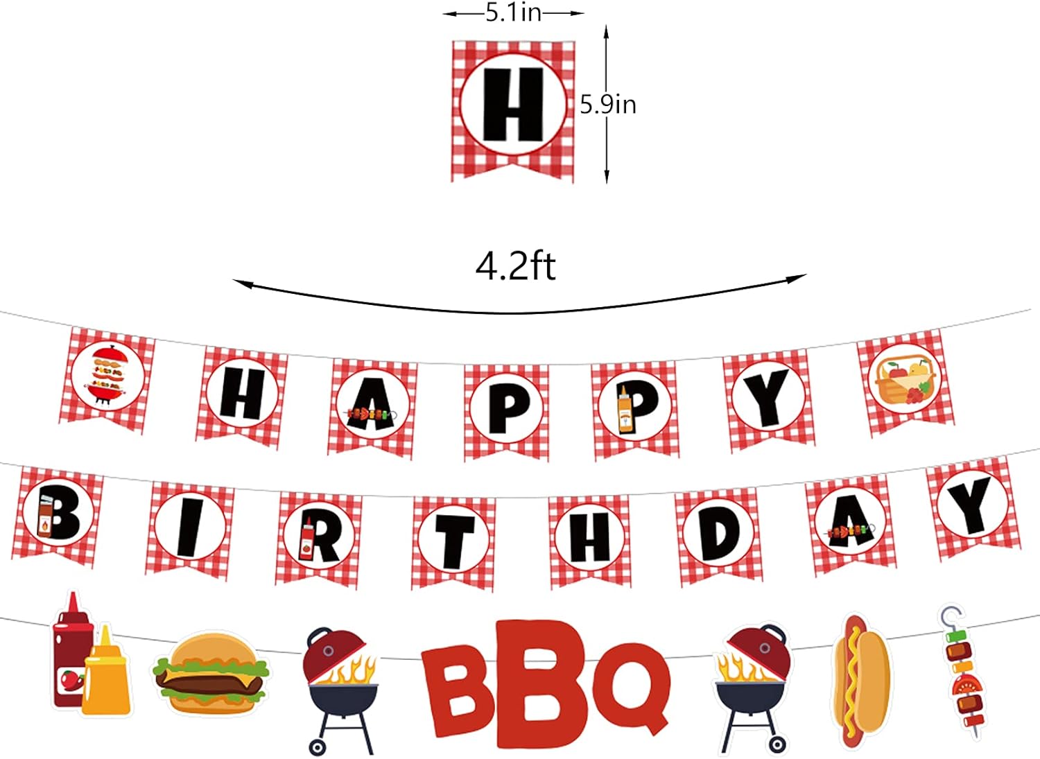 Picnic Birthday Party Decorations Set, BBQ Baby Shower Decor, Red Checked Happy Birthday Banner, BBQ Themed Cupcake Toppers and Balloons