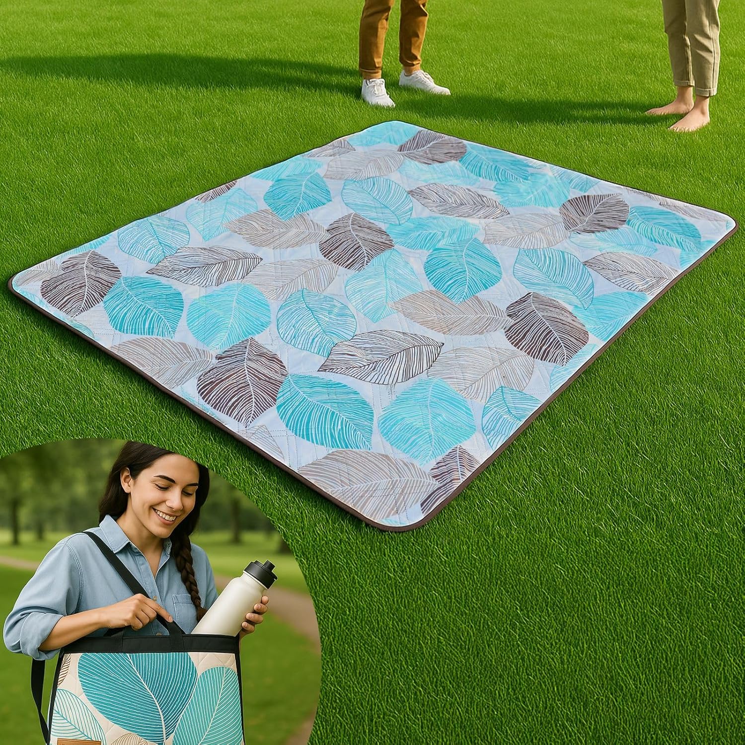 Picnic Blanket Waterproof Foldable – 2-in-1 Picnic Mat and Bag, Large Outdoor Beach Mat, Compact & Portable Picnic Blankets for Travel, Camping, Park, or Family Use (Leaves)