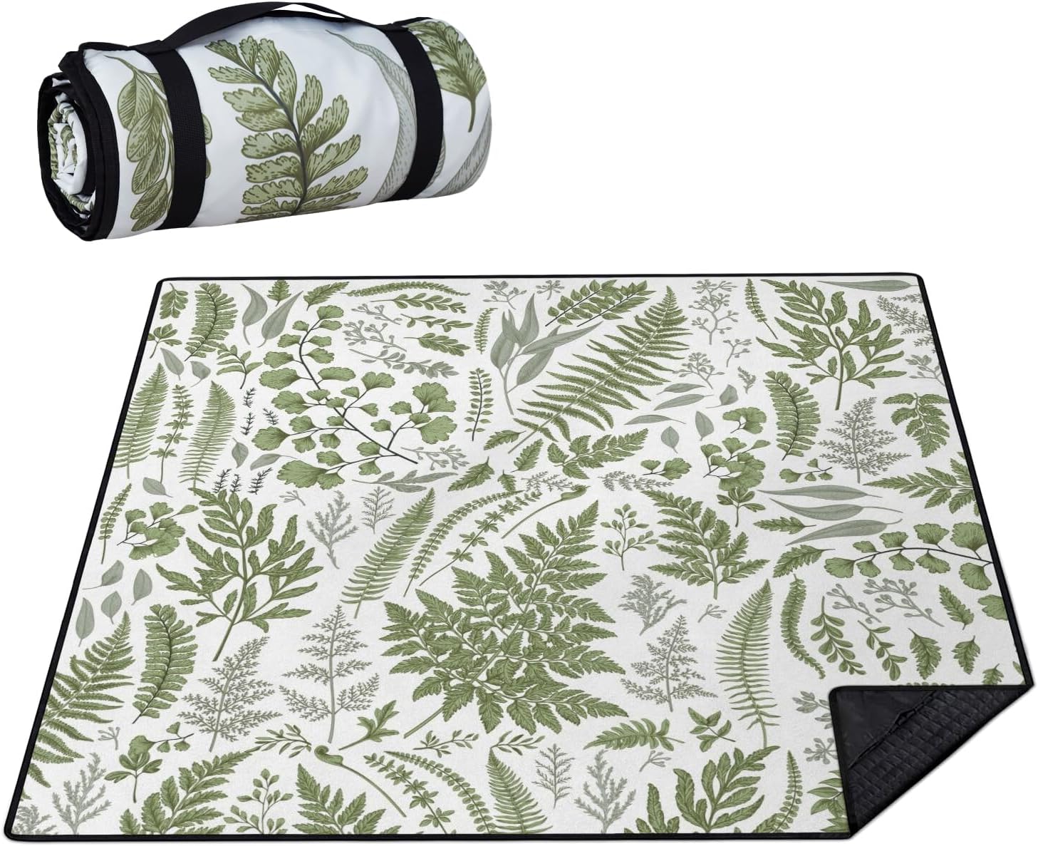 Picnic Blankets Waterproof Foldable Extra Large,80"x 80" Outdoor Beach Blanket Sandproof,3-Layer Lightweight Handy Mat Tote Picnic Camping Rugs for Outside Your Rv (Botanical Fern Plant)