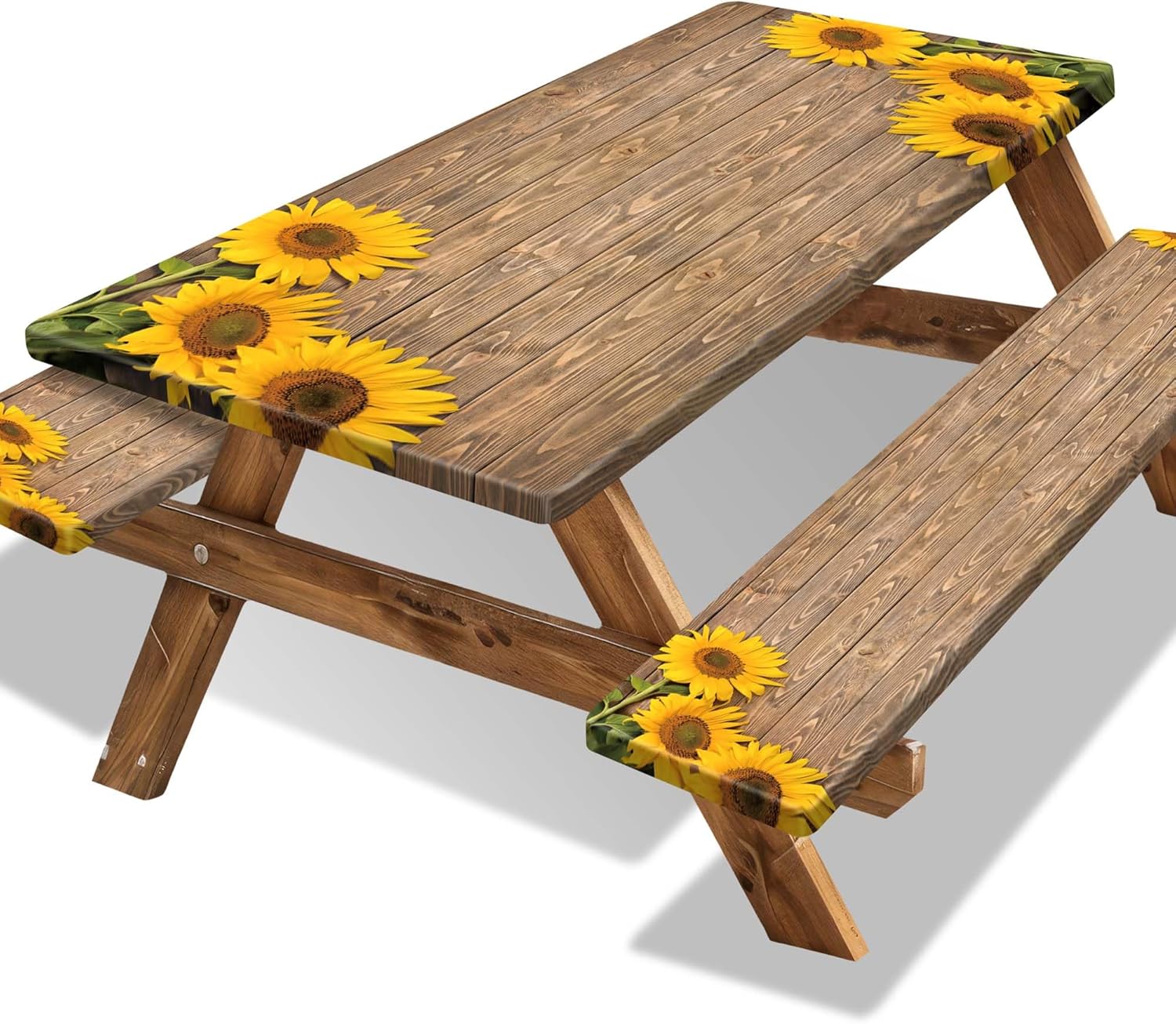 Picnic Table Cover with Bench Covers 6FT Outdoor Camping Essentials Waterproof Sunflower Tablecloth Wood Texture Picnic Fitted Tablecloth with Elastic(3pcs-72") (Yellow, 72" x 30")