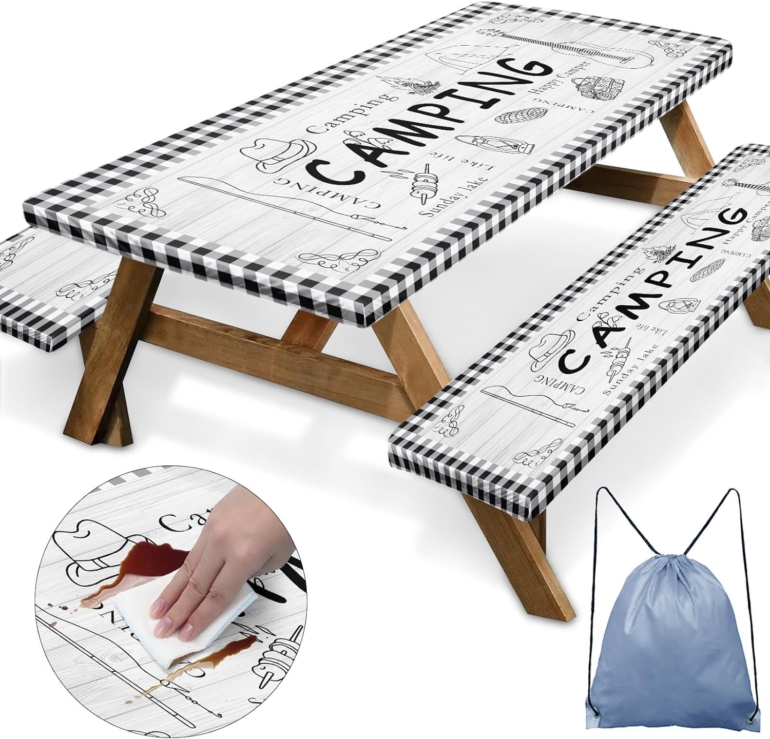 Picnic Table Cover with Bench Covers Elastic Edges, Farm Plaid Fitted Table Cover, Outdoor Patio Camping Essentials 72 Inch 3PCS, Waterproof Camping Fitted Tablecloth with Drawstring Bag