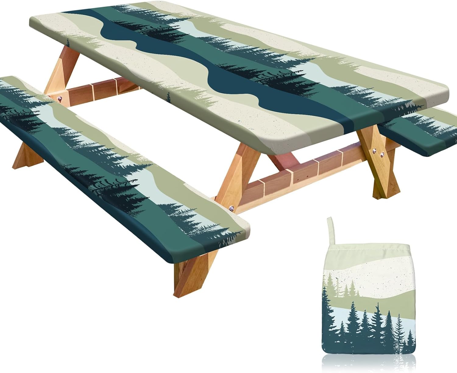 Picnic Table Cover with Bench Covers Portable Table Cloth Built-in Storage Pocket Fitted Tablecloth with Elastic Edges Waterproof Camping Essentials for Indoor Outdoor Rv,72in,Green Blue