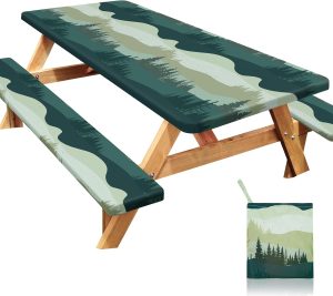 Picnic Table Cover with Bench Covers Windproof Waterproof Picnic Table Covers Camping Tablecloth with Storage Pocket,72in,Green Blue