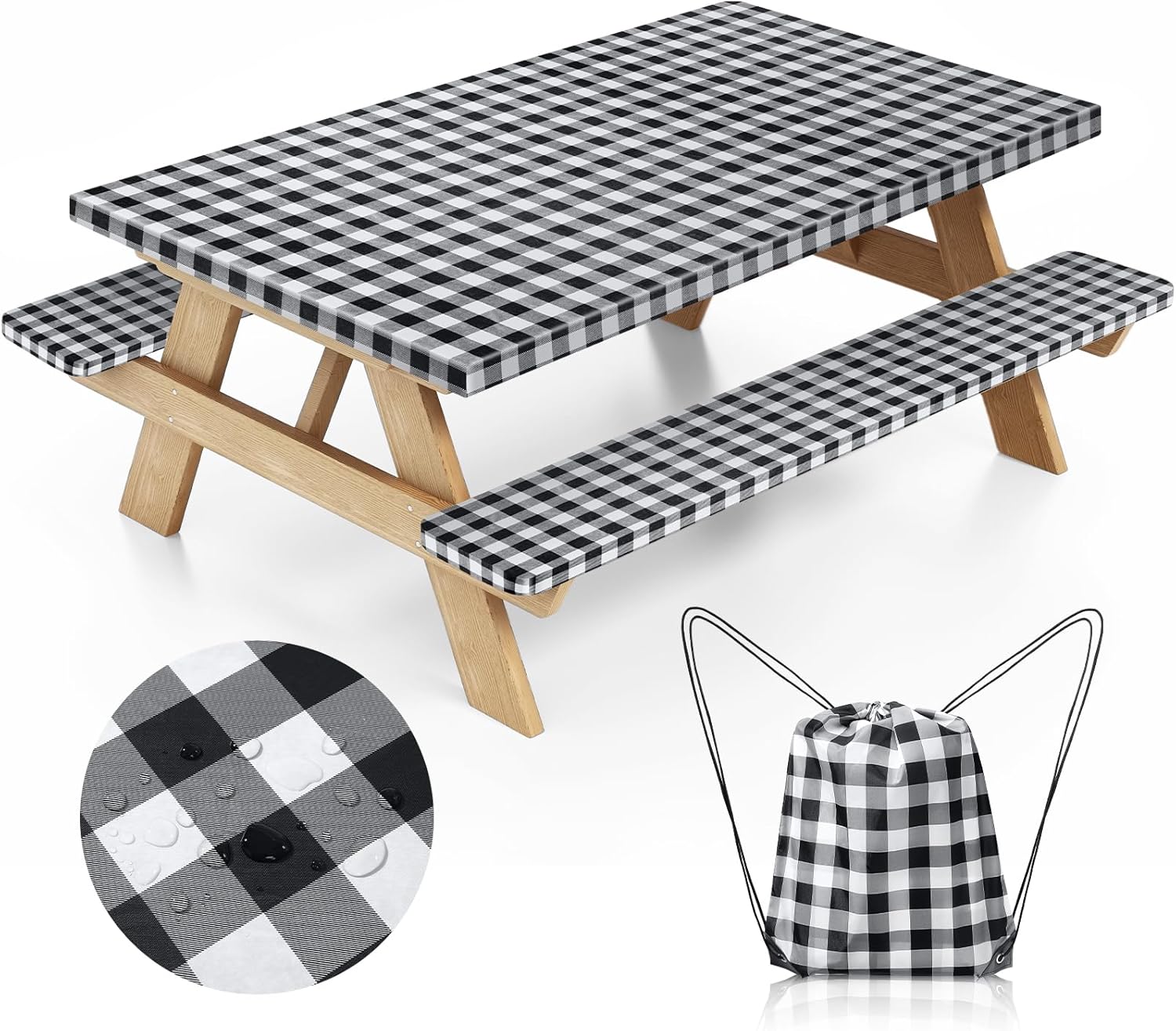 Picnic Table Cover with Bench Covers and Bag, Camping Essentials Camping Table Cover with Elastic Edges, Fitted Rectangle Tables and Seats, 72x30 Inches 3 Pcs Set (Black)