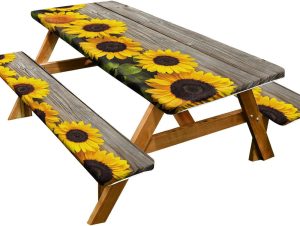 Picnic Table Cover with Bench Covers,3PC Elastic Fitted Table Cloth 72 x 30 inch,Waterproof Windproof 6FT Tablecloth for Outdoor Camping Garden Picnic (Wooden Sunflowers, 72 x 30 inch)