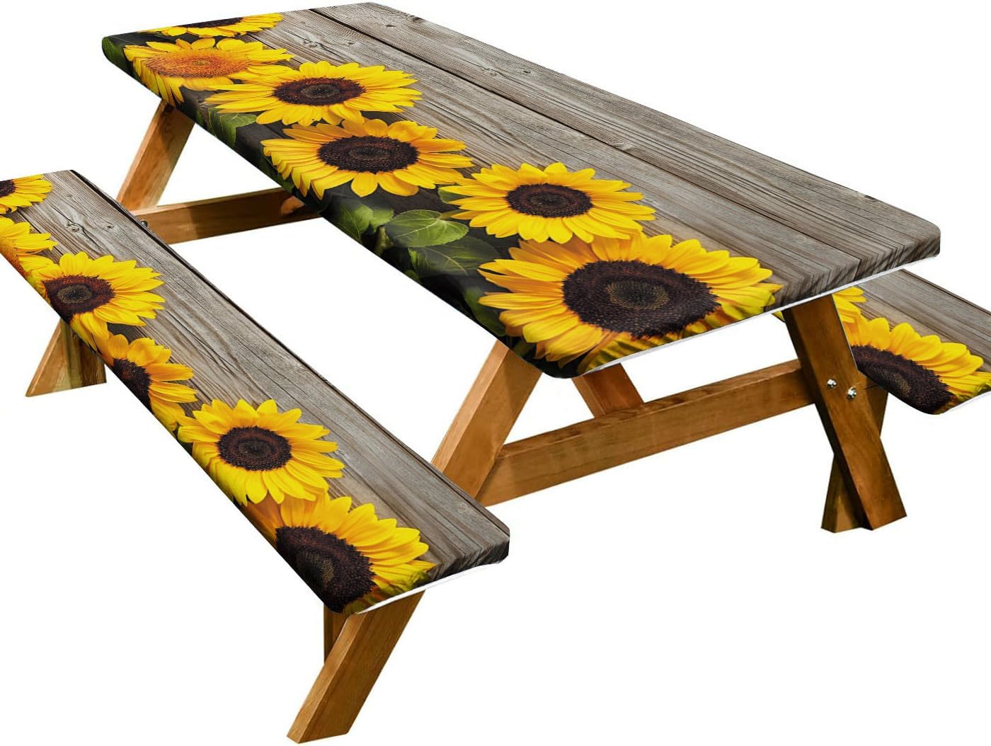 Picnic Table Cover with Bench Covers,3PC Elastic Fitted Table Cloth 72 x 30 inch,Waterproof Windproof 6FT Tablecloth for Outdoor Camping Garden Picnic (Wooden Sunflowers, 72 x 30 inch)