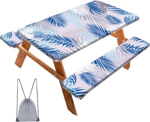 Picnic Table Covers with Bench Covers 3-Pieces Set, Waterproof and Windproof Camping Tablecloth Elastic Edge,Fitted for Rectangle Outdoor Tables,72"（Blue Grey Palm Leaves）