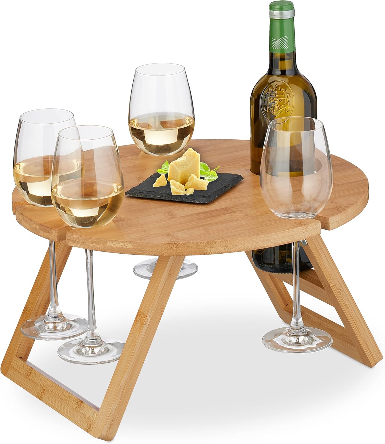Picnic Wine Tray, Round, Folding, HxØ: 22 x 39 cm, Drinks Holder for 4 Glasses & 1 Bottle, Bamboo, Natural