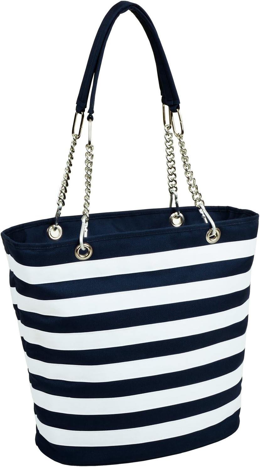 Picnic at Ascot Large Insulated Fashion Cooler Bag - 22 Can Tote - Blue Stripe