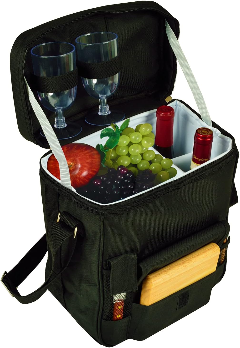 Picnic at Ascot Wine and Cheese Picnic Basket/Cooler with hardwood cutting Board, Cheese Knife and Corkscrew - Black