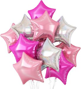 Pink Silver Star Balloons,10Pcs Rose Star Shaped Foil Balloons,18Inch Hot Pink Silver Laser Helium Balloon for Birthday,Anniversary,Engagement,Wedding Party Decorations
