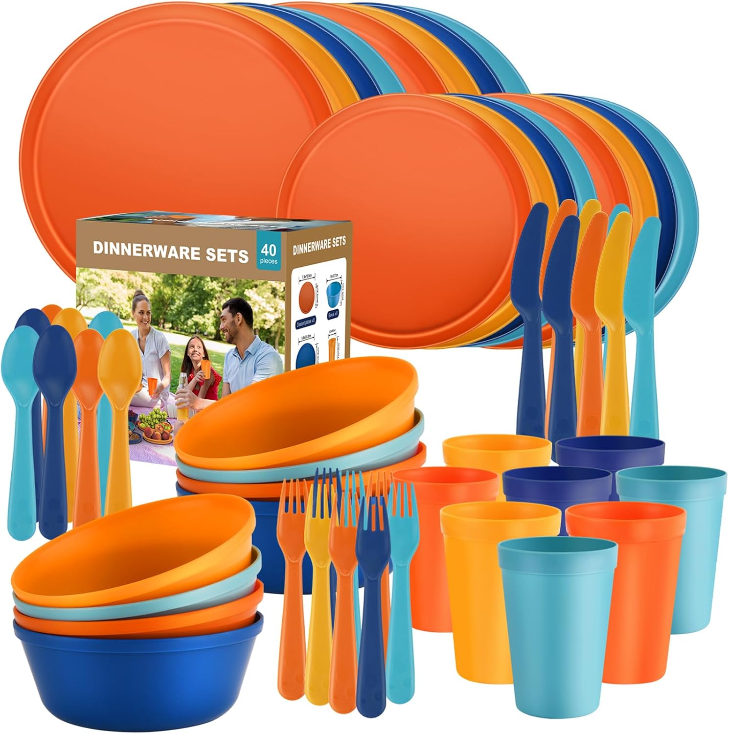Plastic Dinnerware Sets – 40-Piece Colorful Plates and Bowls Set for 8, Reusable Unbreakable Fiesta Style Party Dishes with Cups, Knives, Forks and Spoons, for Outdoor, Picnic or Everyday Use