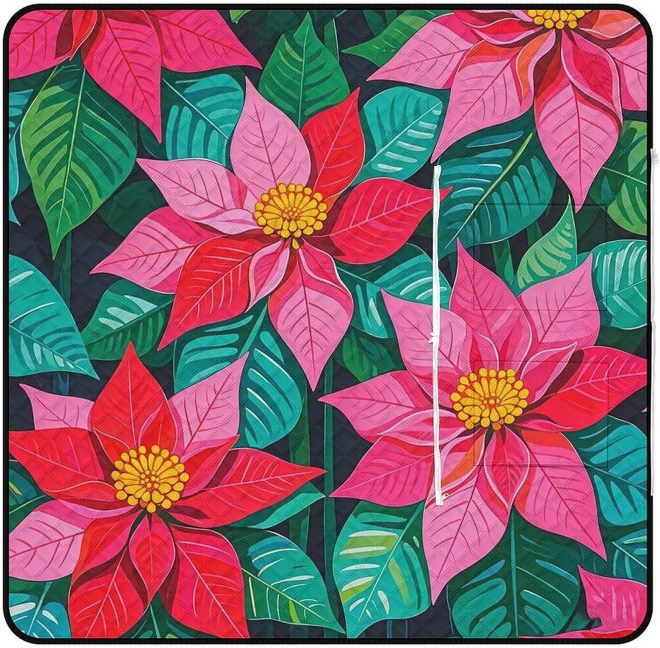 Poinsettia Flowers Picnic Blanket with Zippered Tote Bag, Waterproof Portable Outdoor Blanket, Lightweight Foldable Outdoor Mat for Beach, Camping, Park, 150x150cm