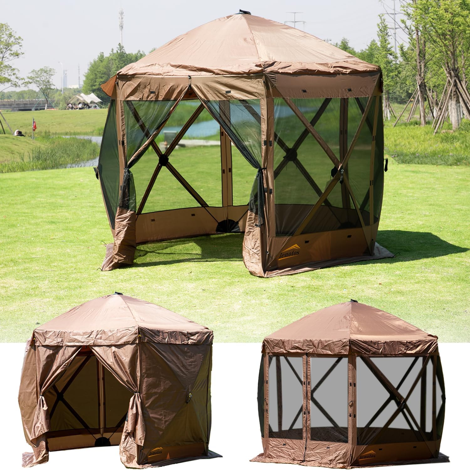 Pop Up Screen Tent, 10'x10' Windproof & UV Protection Sun Shelter, Portable Instant Setup, 6-Sided Screen Tent for Picnic, Camping, Backyard, Outdoor (Brown)