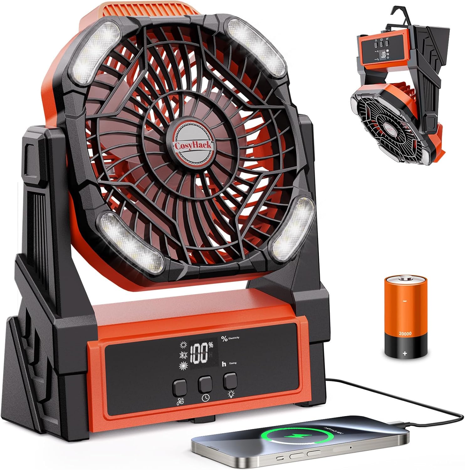 Portable Camping Fan, 20000mAh Rechargeable Battery Operated Fans with Lights, Outdoor Beach Tent Fan, 4 Speed, Adjustable Brightness for Picnic, Barbecue, Fishing, Office, Home
