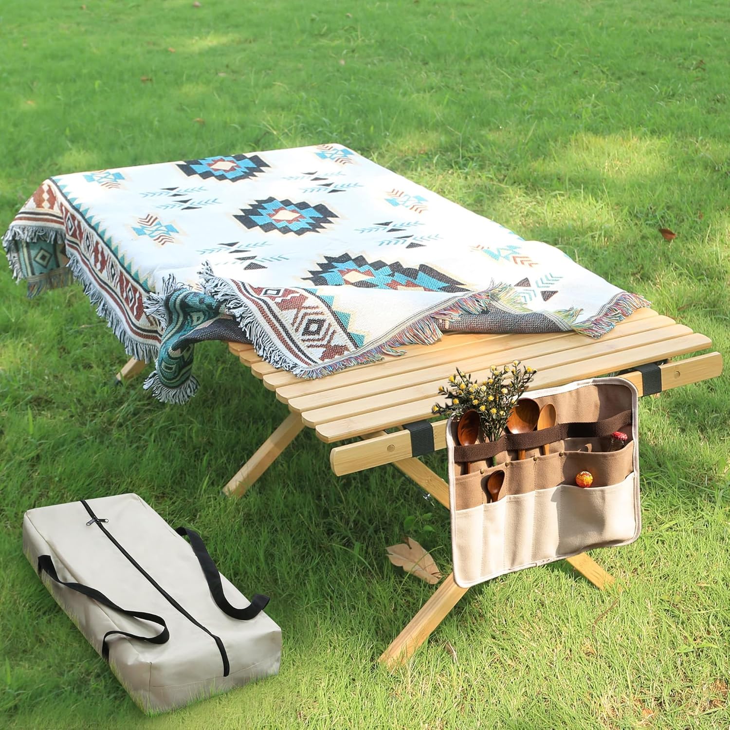 Portable Low Picnic Table,4Ft Bamboo Folding Camping Table with Carry Bag and Tablecloth,Foldable Beach Table for Camping,BBQ,Travel,Backyard Patio Party