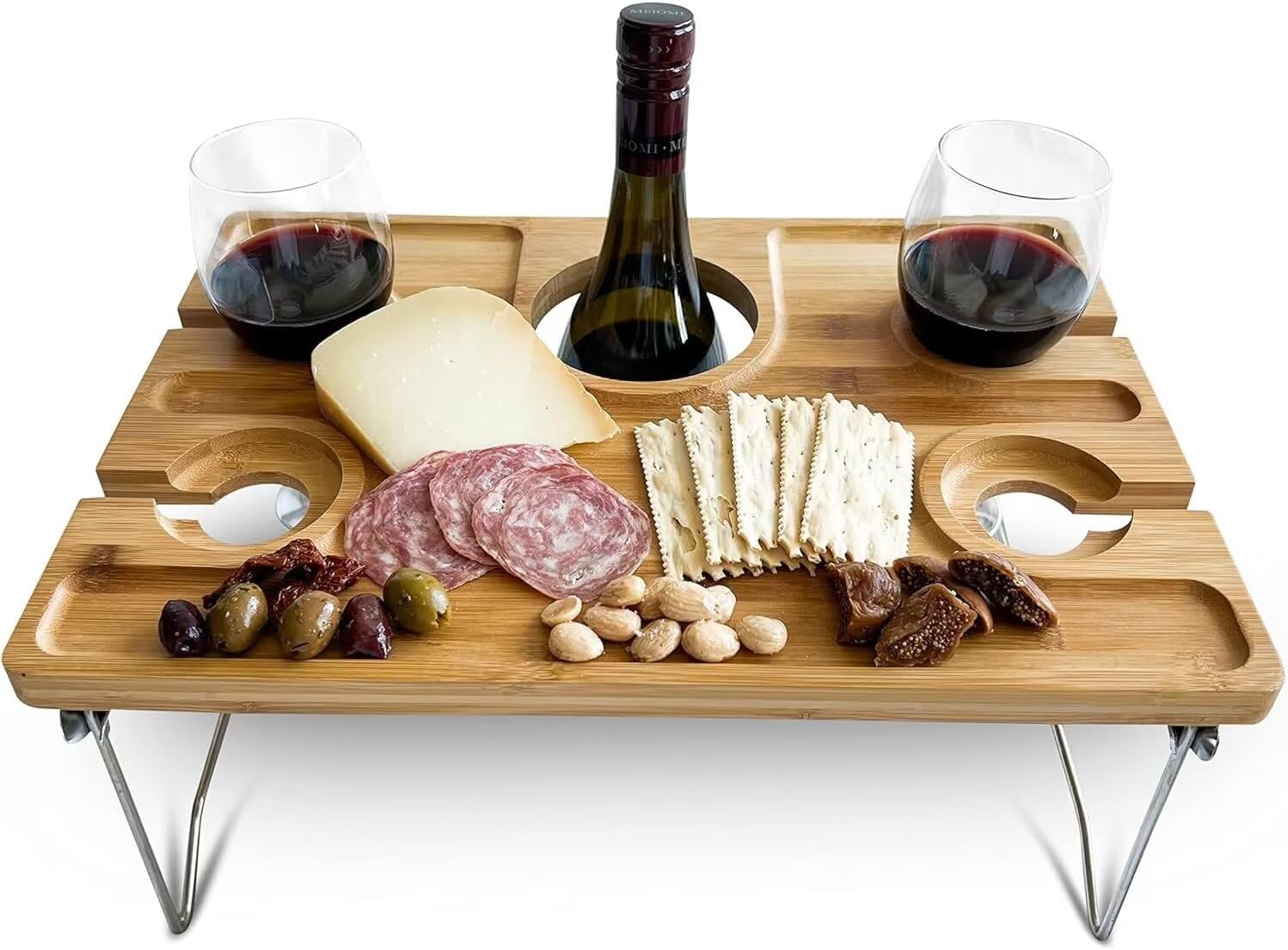 Portable Picnic Table with 4 Wine Glass Holders, 1 Wine Bottle Holder Functional Wood Snack Tray Table, Foldable for Party, Picnic, Camping, Beach