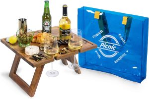 Portable Wine Picnic Table with Clear Tote Bag, Beach Table, Acacia Wood, Gifts for Wine Lover, Charcuterie Board, Decor for Romantic Engagement, Camping, Concerts at Park