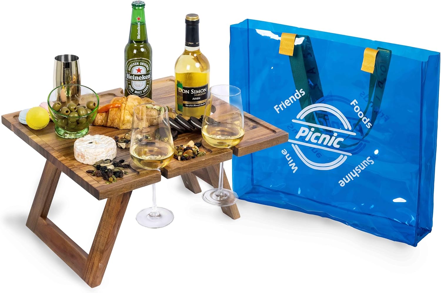 Portable Wine Picnic Table with Clear Tote Bag, Beach Table, Acacia Wood, Gifts for Wine Lover, Charcuterie Board, Decor for Romantic Engagement, Camping, Concerts at Park