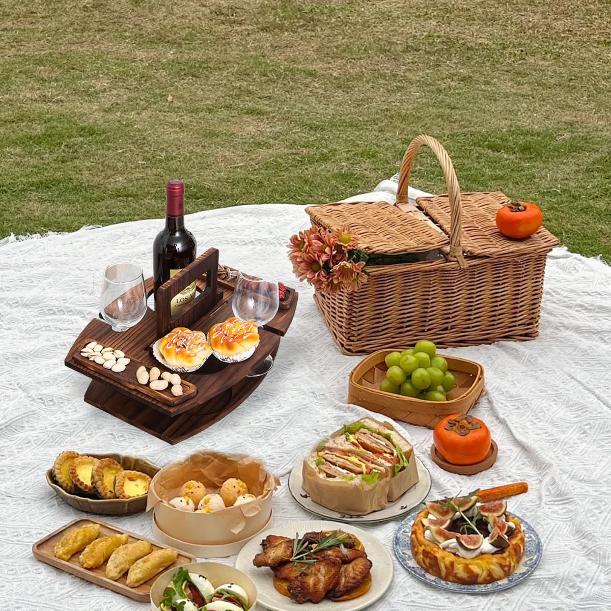 Portable Wooden Wine Picnic Table - Detachable With 2 Glass Holders, Foldable Champagne Snack Table for Beach, Outdoor - Wine Lover Gift