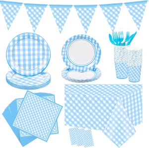 Preboun 198 Pcs Light Blue and White Gingham Party Supplies for 24 Guests Blue Checkered Plaid Tablecloth Pennant Banner Plate Cup Napkin and Cutlery for Picnic BBQ Birthday Halloween Christmas Party