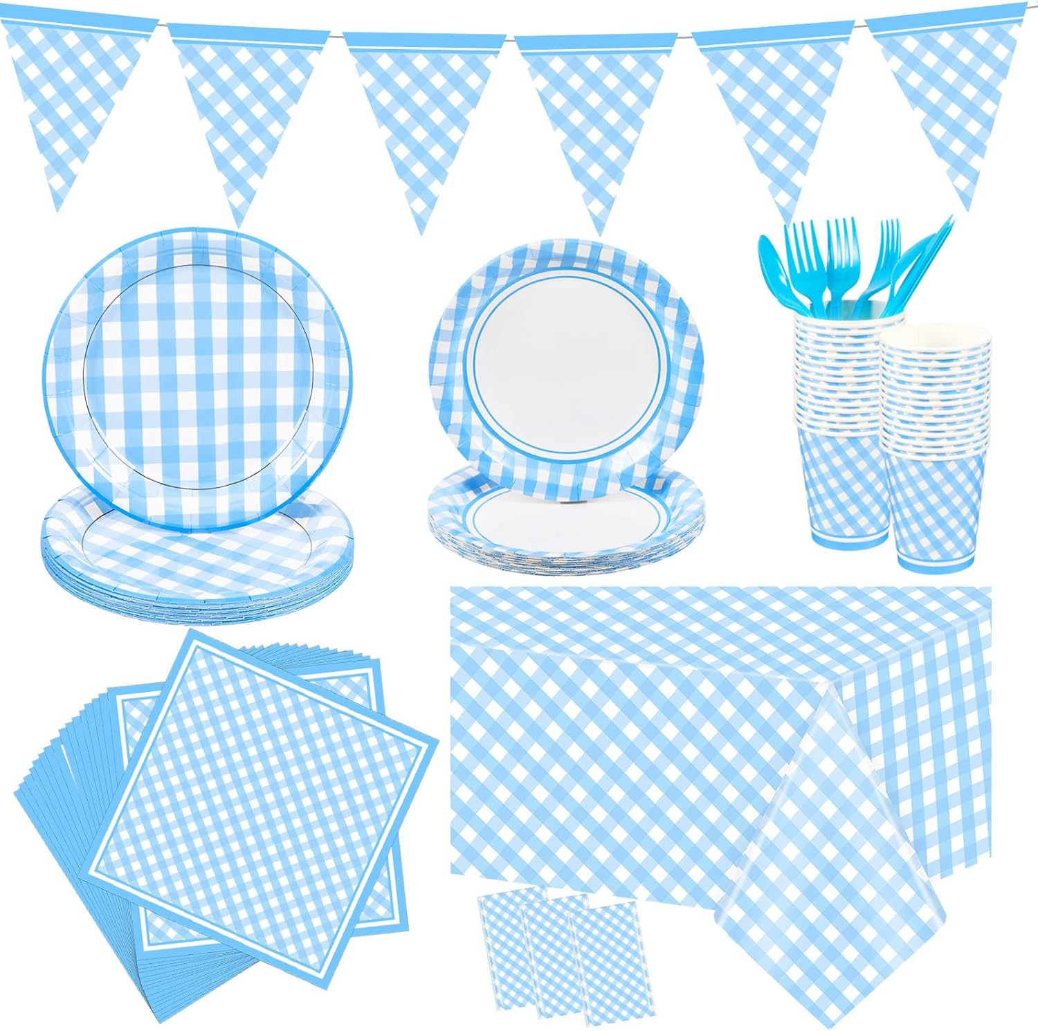 Preboun 198 Pcs Light Blue and White Gingham Party Supplies for 24 Guests Blue Checkered Plaid Tablecloth Pennant Banner Plate Cup Napkin and Cutlery for Picnic BBQ Birthday Halloween Christmas Party