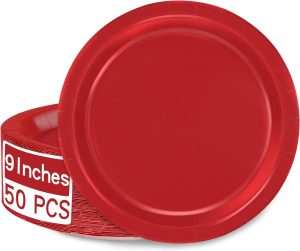 QZYL 50 PCS Paper Plates, Red Heavy Duty Party Plates, Round 9 Inches Disposable Paper Dinner Plates, Everyday Use Paper Plates Set for Daily Meals Wedding Christmas Picnic Supplies