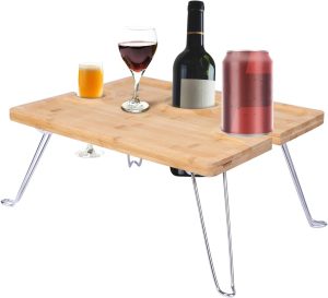 REDCAMP Small Picnic Wine Table Portable, Foldable Sturdy Bamboo Wood Table with Wine Bottle and Glass Holder, Lightweight and Easy to Carry