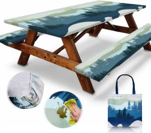 RNOONY 6ft Polyester Picnic Table Cover with Bench Covers Windproof & Waterproof Tablecloth, Perfect for Camping Gifts & RV Essentials, Cool Camping Gadgets, with Carrying Bag, 72x30 Inches, 4Pcs,Blue