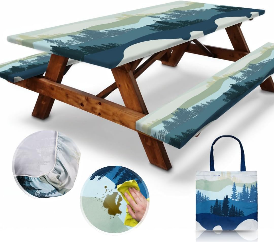 RNOONY 6ft Polyester Picnic Table Cover with Bench Covers Windproof & Waterproof Tablecloth, Perfect for Camping Gifts & RV Essentials, Cool Camping Gadgets, with Carrying Bag, 72x30 Inches, 4Pcs,Blue