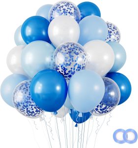 RUBFAC 100 PCS 12 Inches Blue Confetti Balloons Kit, Frozen Balloon, Light Blue Baby Blue and White Party Balloons with Ribbons for Birthday, Wedding, Baby Shower, Graduation Decorations
