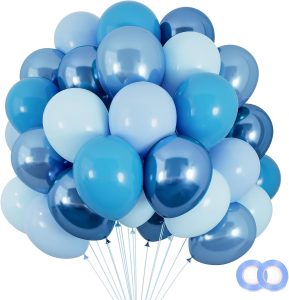 RUBFAC 120pcs 12 Inch Balloons - Metallic Chrome, Pearl, Pastel Blue for Baby Shower, Wedding, Birthday, Frozen Theme Party Decorations