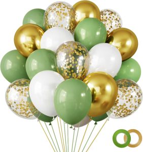 RUBFAC 65Pcs 12 Inches Sage Green Gold Confetti Balloons Kit, Green White Metallic Gold Party Balloons with Ribbons for Birthday, Wedding, Baby Shower, Graduation, Eucalyptus Party Decorations