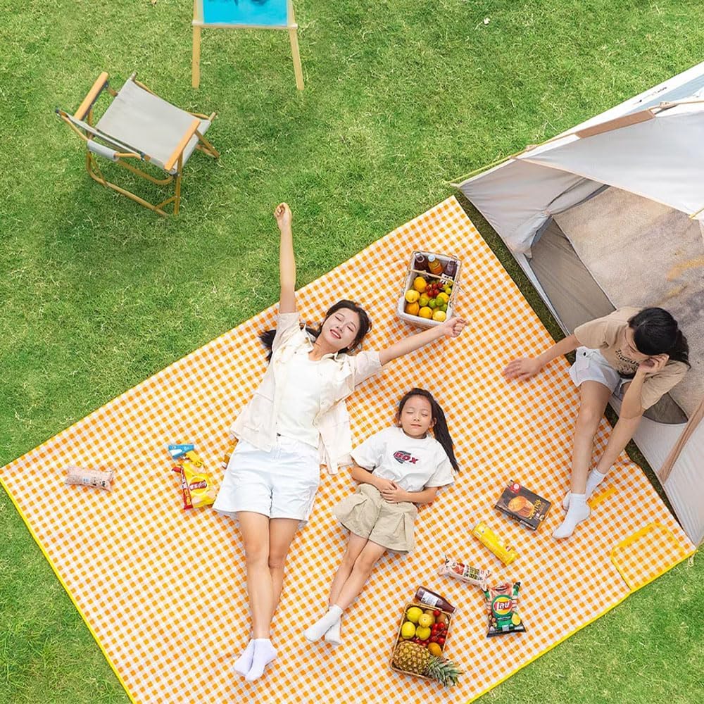 RUIBOLU Beach Blanket Large Picnic Blankets, 80x60in Sandproof Beach Mat for 2-4 Adults Waterproof Quick Drying Outdoor Picnic Mat for Travel Camping Hiking Festival Park Lawn (Yellow Plaids)