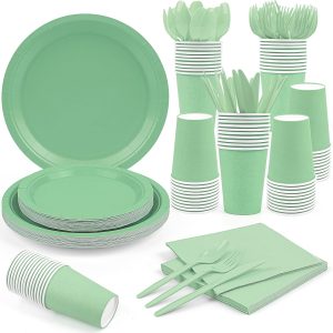 Rabbit Dance 168 Pieces Light Green Disposable Tableware Party Supplies Set with Paper Plates, Napkins and Forks for Wedding, Birthday Party, Picnic, Barbecue- Serves 24