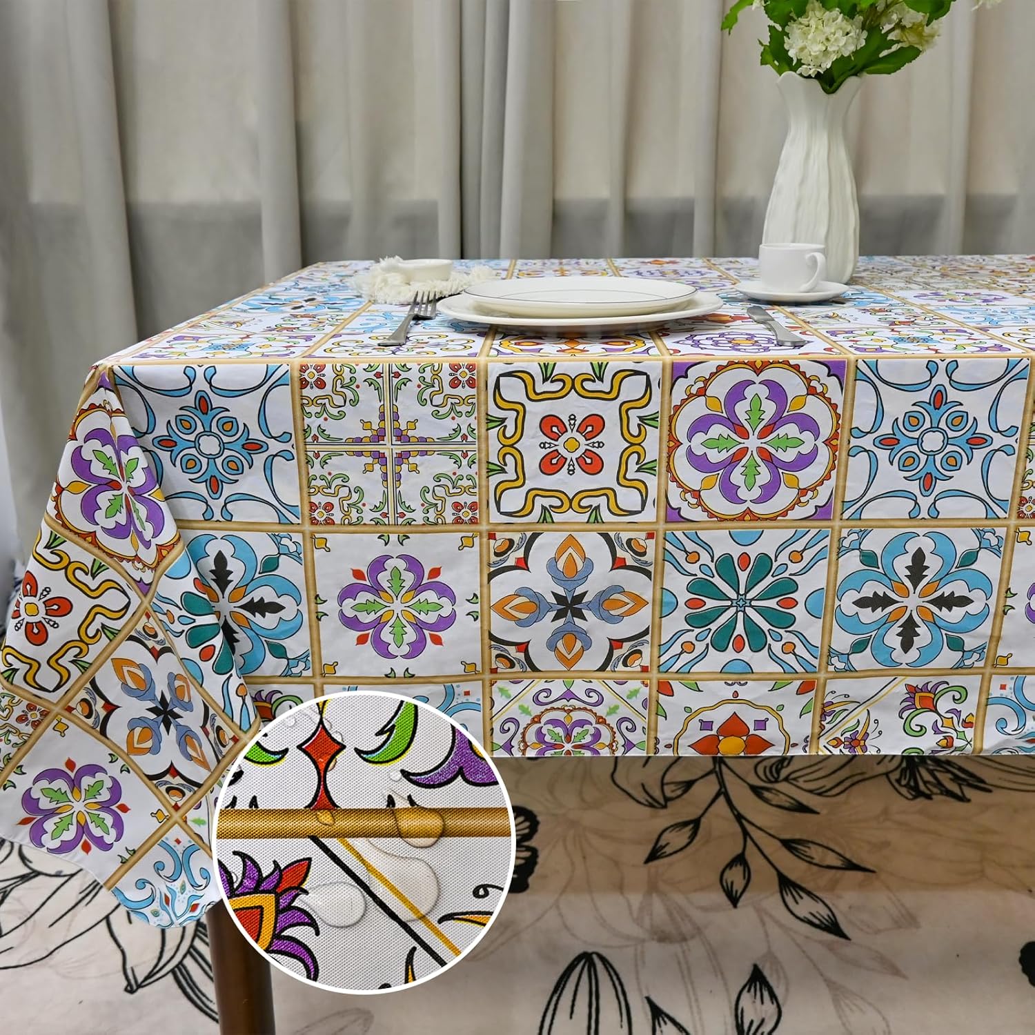 Rectangle Table Cloth, Waterproof Vinyl Tablecloth with Flannel Backing, Table Linens, Plastic Tablecloths for Dinner, Kitchen and Parties, 60"x84"