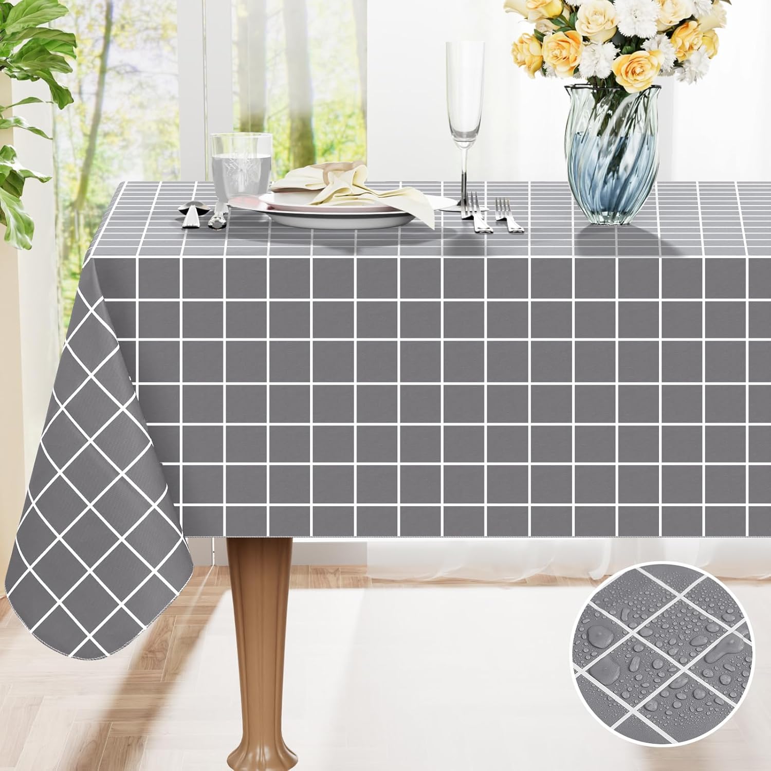 Rectangle Table Cloth, Waterproof Vinyl Tablecloths with Flannel Backing, Wipeable Plastic Plaid Table Cover for Dining, Picnic, Indoor and Outdoor (52" x 70", Grey)