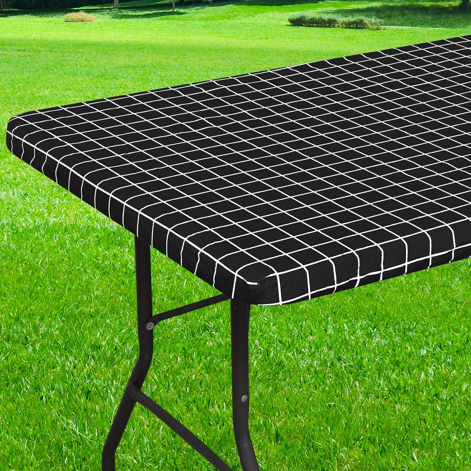 Rectangle Vinyl Table Cloth, Elastic Fitted Flannel Backed Plastic Table Covers for 6 Foot Folding Tables, Waterproof for Picnic, Camping, Indoor and Outdoor (Black, 30 x 72 inch)